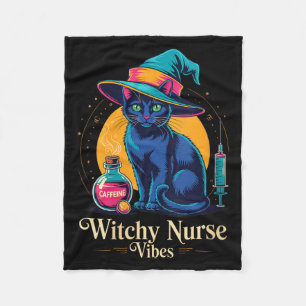 Womens Witchy Nurse Vibes Black Cat Halloween _ Fleece Blanket