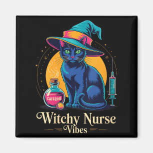 Womens Witchy Nurse Vibes Black Cat Halloween _ Magnet