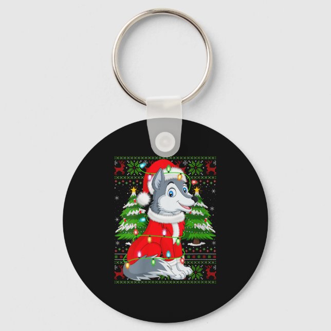 Womens Wolf Christmas Lights Santa Costume Ugly Xm Key Ring (Front)