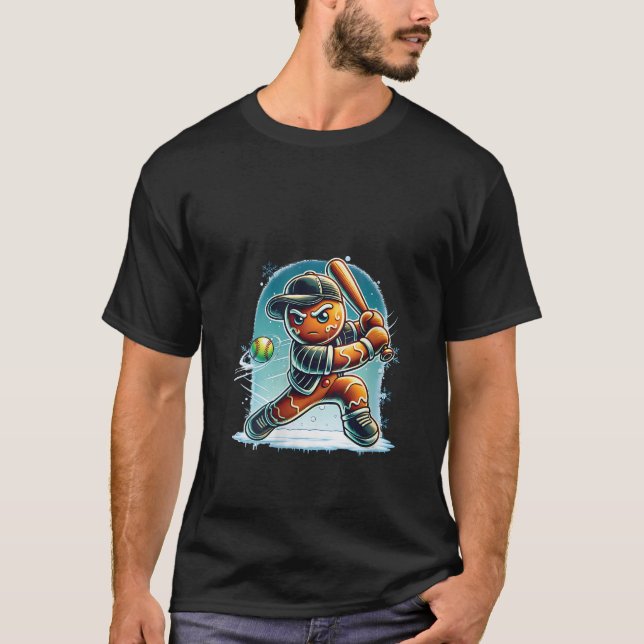 Womens Xmas Gingerbread Playing Softball Smashing  T-Shirt (Front)