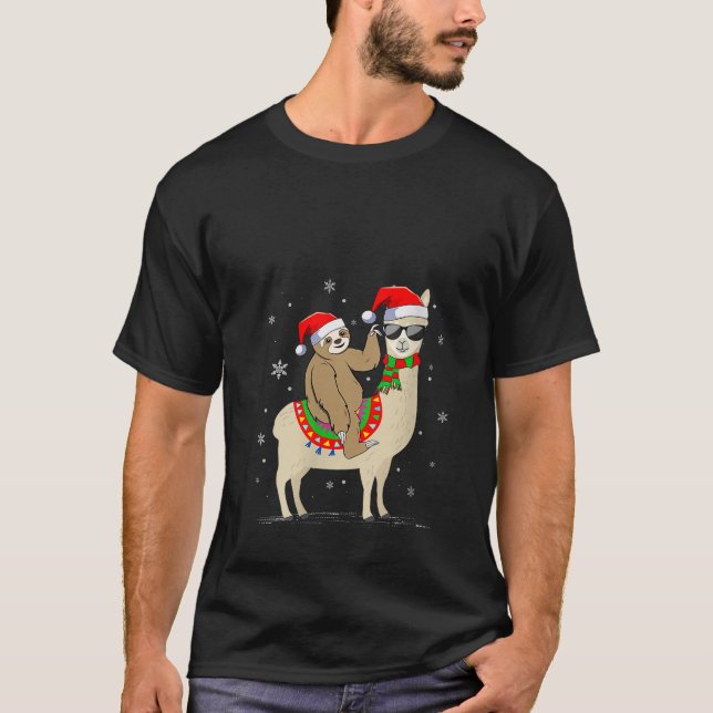 Womens Xmas Holiday Santa Hat Sloth Riding Llama C T-Shirt (Front)