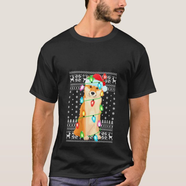 Womens Xmas Lighting Santa Hat Ugly Shiba Inu Chri T-Shirt (Front)
