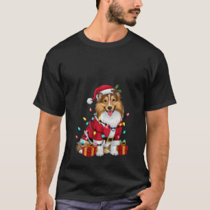 Womens Xmas Lighting Santa Sheltie Dog Christmas V T-Shirt
