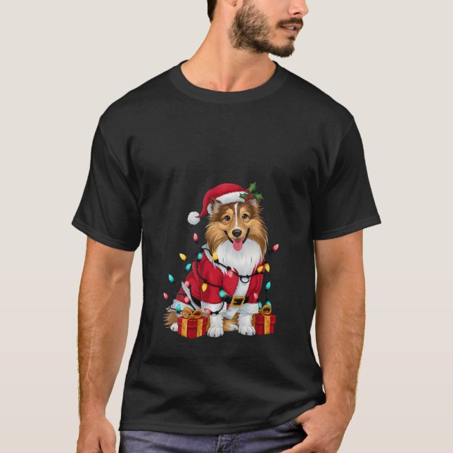 Womens Xmas Lighting Santa Sheltie Dog Christmas V T-Shirt (Front)