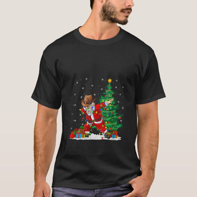 Womens Xmas Lights Cowboy Hat Dabbing Santa Claus  T-Shirt (Front)