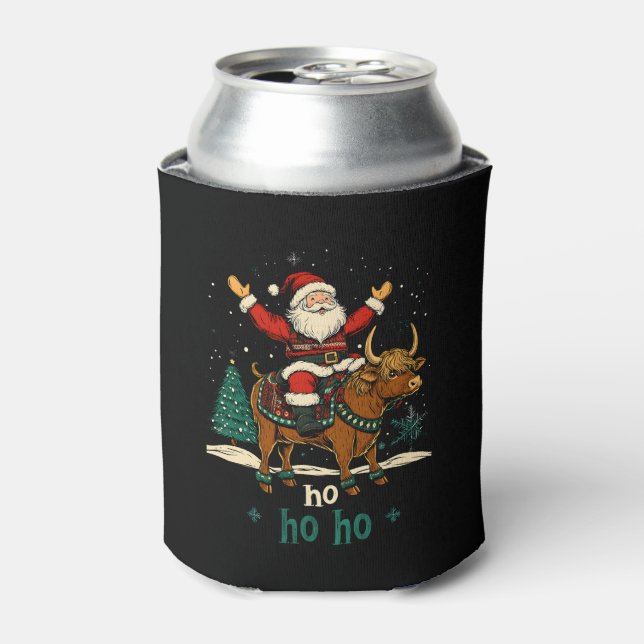 Womens Xmas Tree Lighting Santa Riding Highland Co Can Cooler (Can Front)