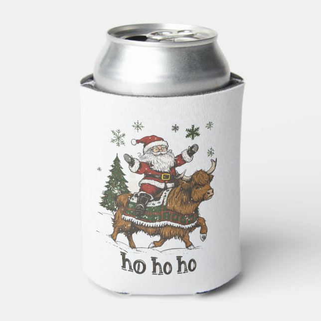 Womens Xmas Tree Lighting Santa Riding Highland Co Can Cooler (Can Front)