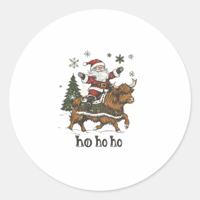 Womens Xmas Tree Lighting Santa Riding Highland Co Classic Round Sticker (Front)