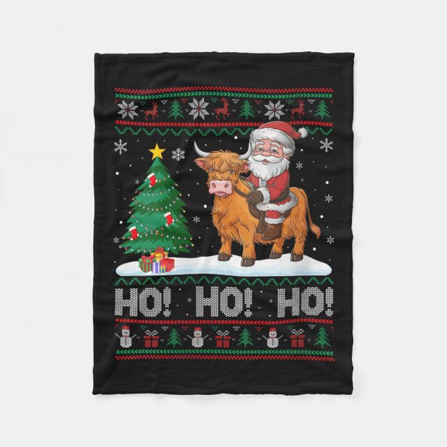 Womens Xmas Tree Lighting Santa Riding Highland Co Fleece Blanket (Front)