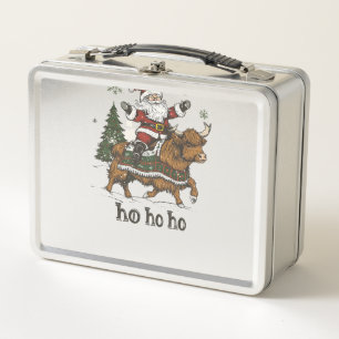Womens Xmas Tree Lighting Santa Riding Highland Co Metal Lunch Box