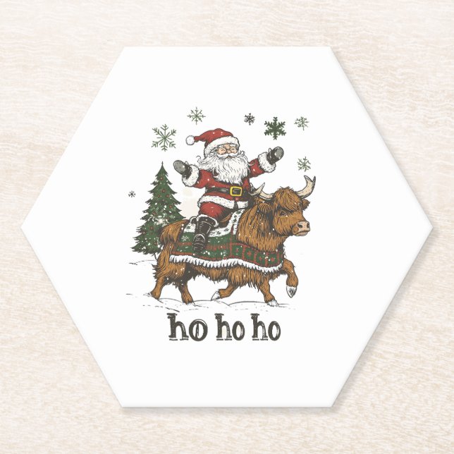 Womens Xmas Tree Lighting Santa Riding Highland Co Paper Coaster (Front)