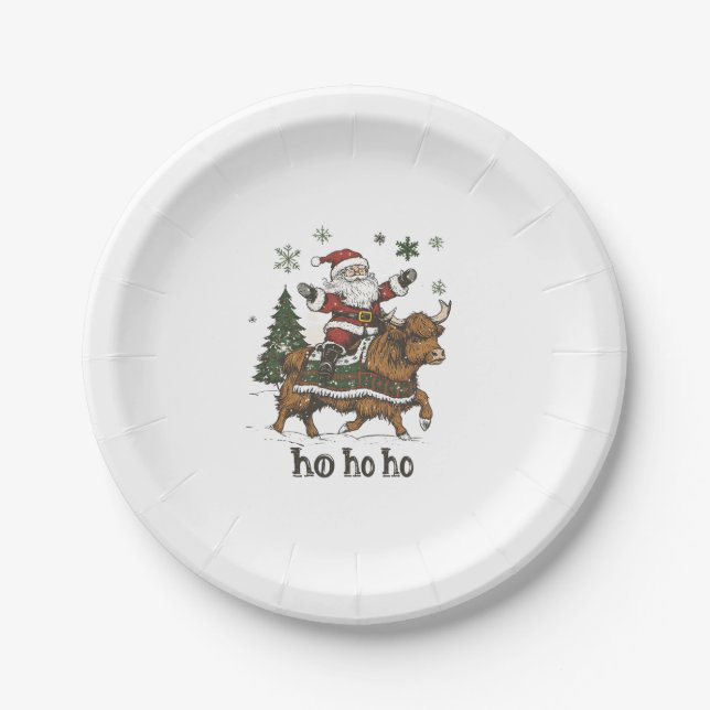 Womens Xmas Tree Lighting Santa Riding Highland Co Paper Plate (Front)