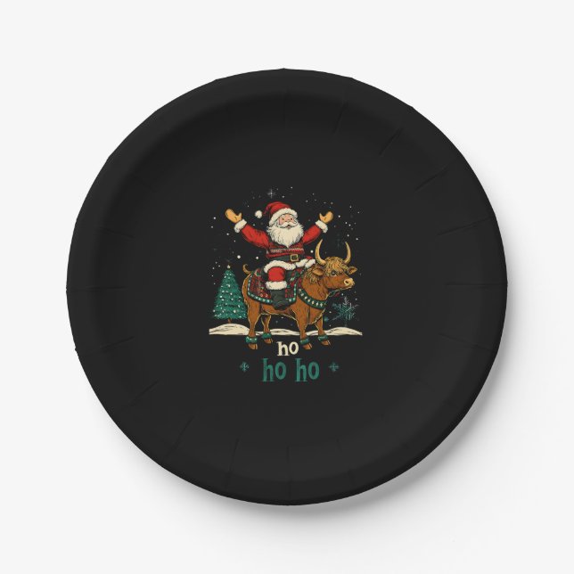 Womens Xmas Tree Lighting Santa Riding Highland Co Paper Plate (Front)