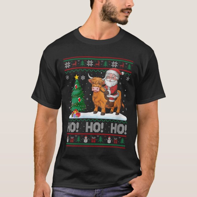 Womens Xmas Tree Lighting Santa Riding Highland Co T-Shirt (Front)