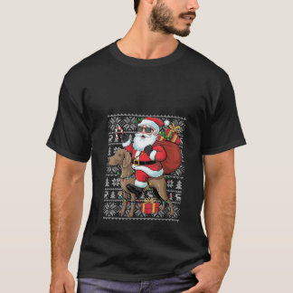 Womens Xmas Ugly Santa Riding Rhodesian Ridgeback  T-Shirt