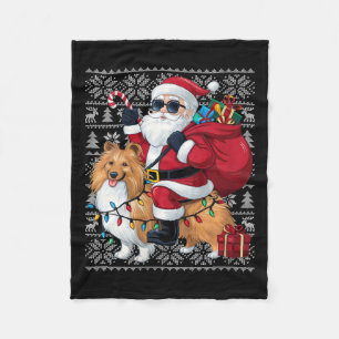 Womens Xmas Ugly Sweater Santa Riding Shepherd Dog Fleece Blanket