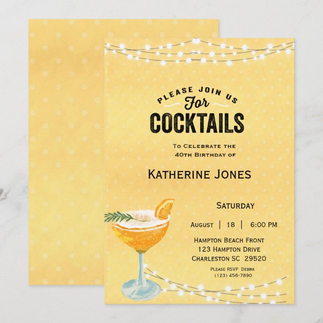 Women's Yellow 40th Birthday Cocktail Party  Invitation (Front/Back)