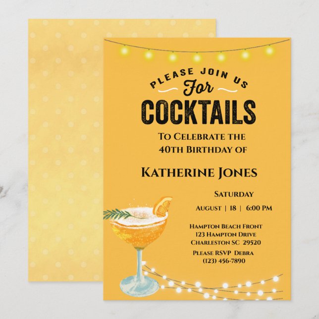 Women's Yellow 40th Birthday Cocktail Party  Invitation (Front/Back)