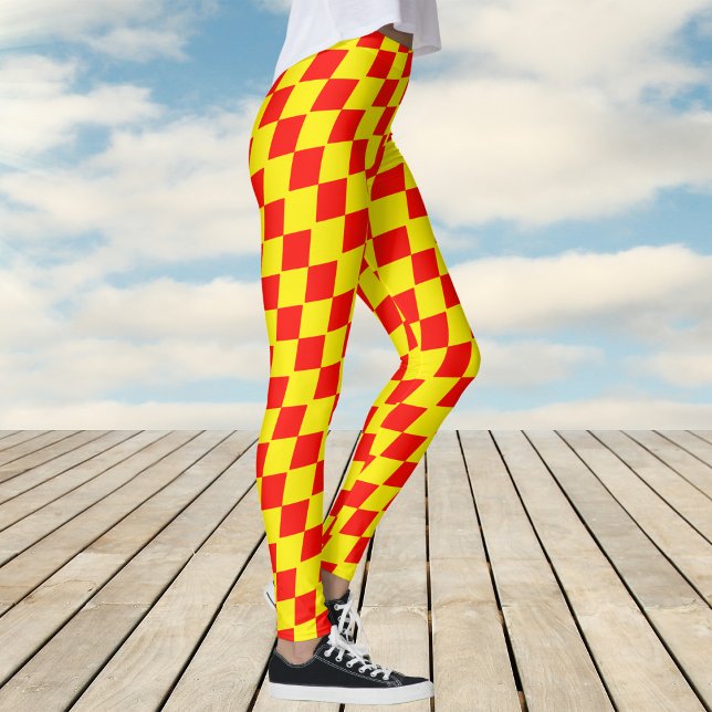 Womens Yellow and Red Harlequin Check Pattern Leggings (Yellow and Red Harlequin Check Pattern Leggings)