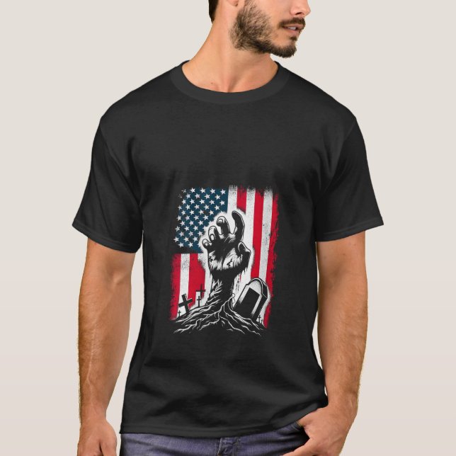 Womens Zombie Hand American Flag Patriotic USA Cre T-Shirt (Front)