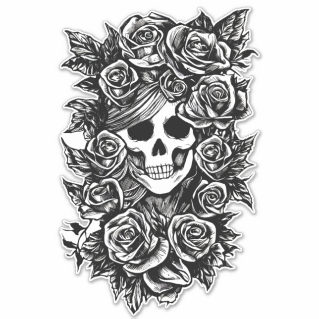 Womman Skull Roses Goth Original ink drawing Art  (Front)
