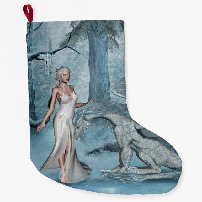 Wondeful fairy with dragon large christmas stocking (Front)