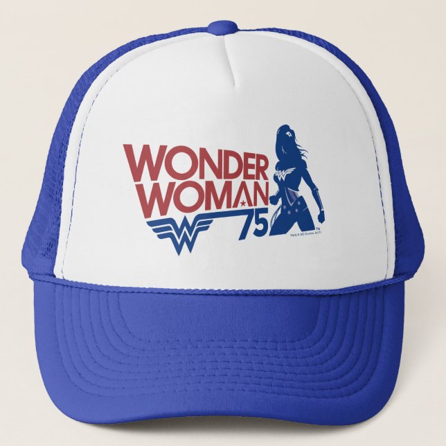 Wonder Woman 75th Anniversary Red & Blue Logo Trucker Hat (Front)