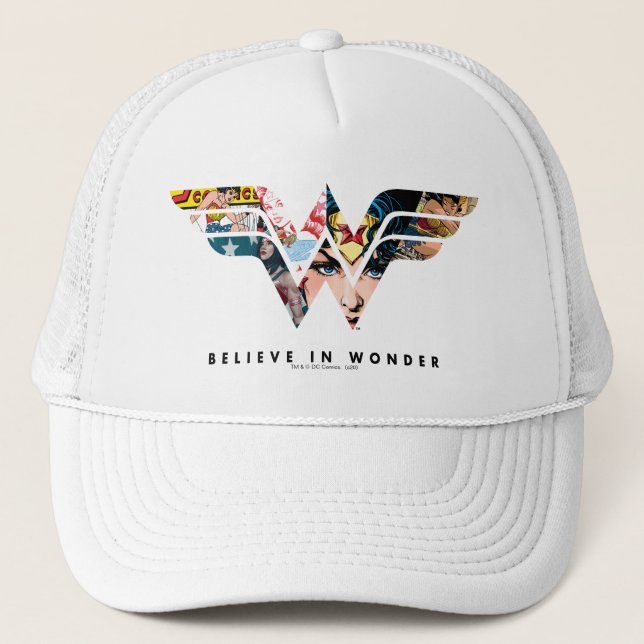 Wonder Woman "Believe In Wonder" Collage Logo Trucker Hat (Front)