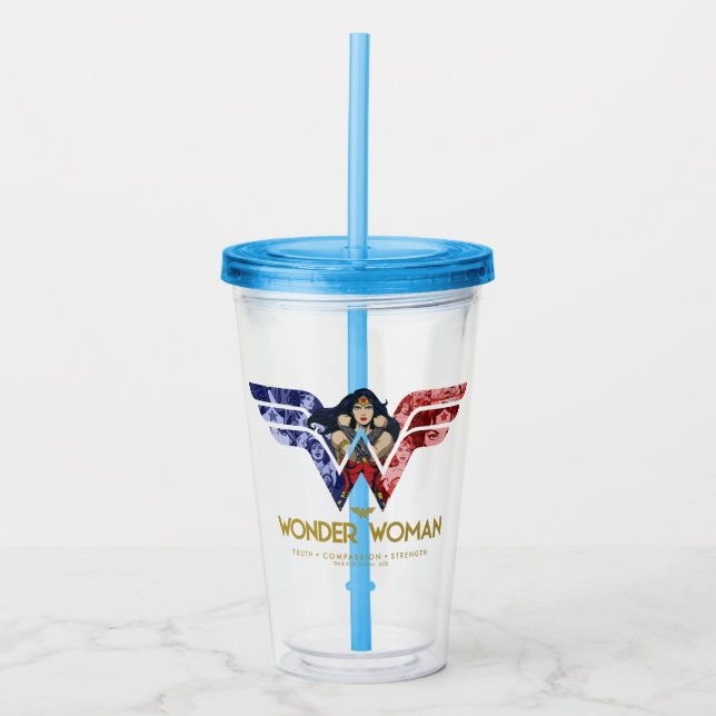 Wonder Woman Crossed Arms in Logo Collage Acrylic Tumbler (Front)