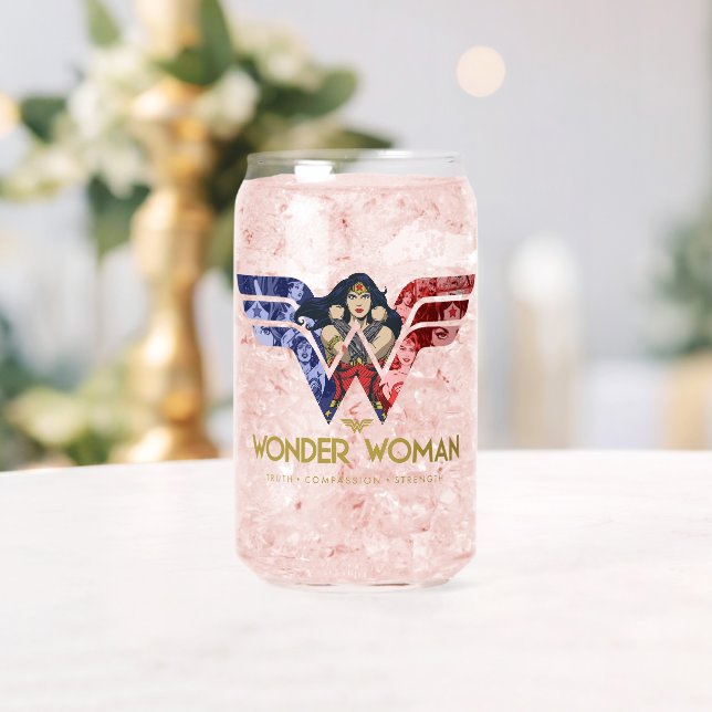 Wonder Woman Crossed Arms in Logo Collage Can Glass (Insitu (Wedding))