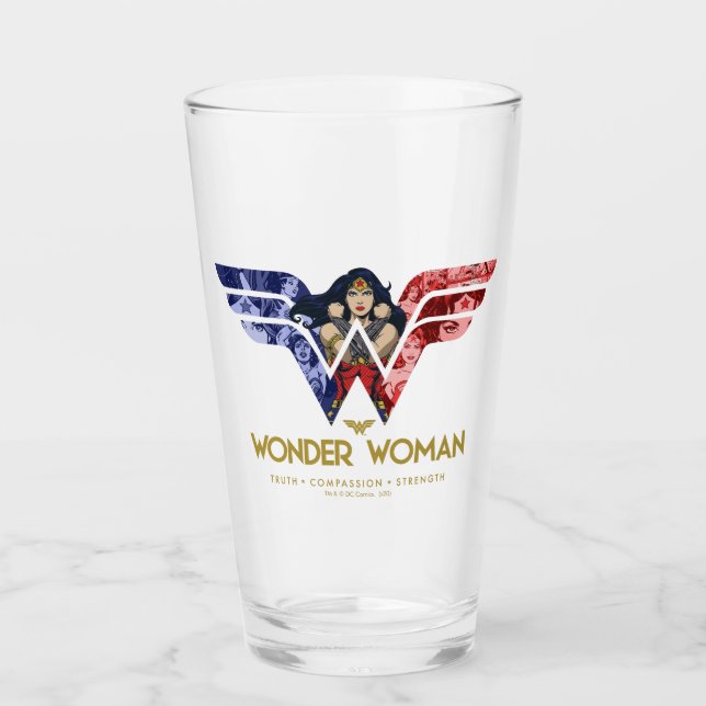 Wonder Woman Crossed Arms in Logo Collage Glass (Front)