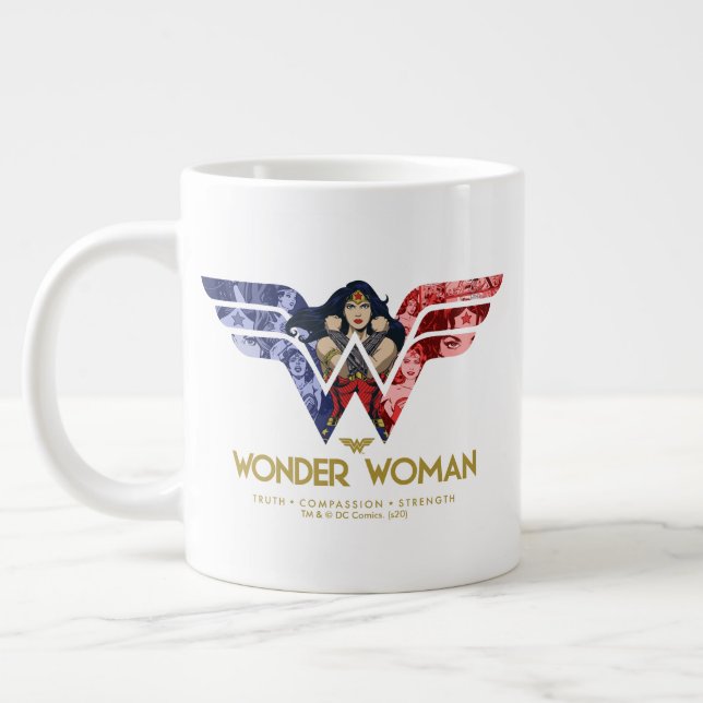 Wonder Woman Crossed Arms in Logo Collage Large Coffee Mug (Left)
