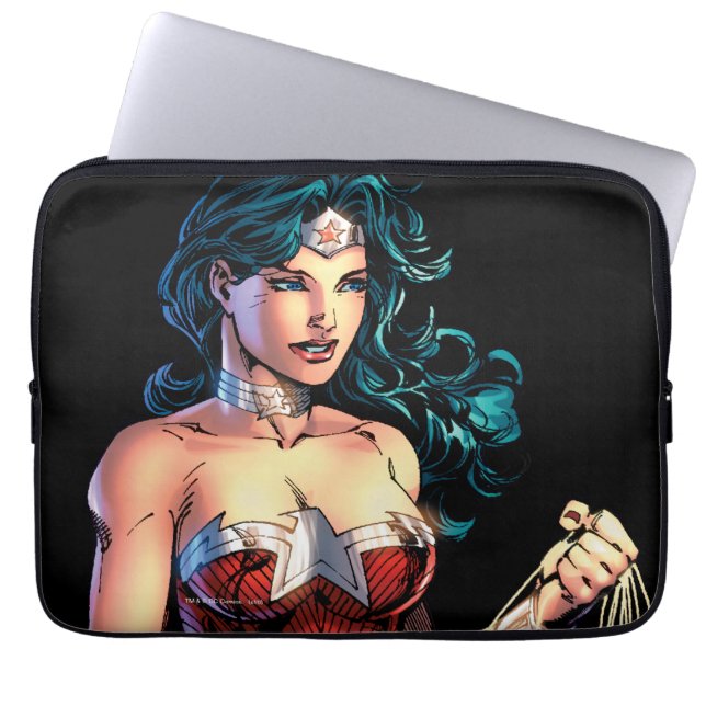 Wonder Woman Gripping Lasso Atop Rock Laptop Sleeve (Front)
