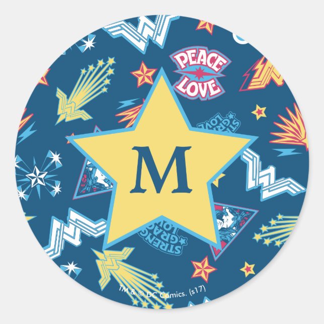 Wonder Woman Icons & Phrases Pattern | Monogram Classic Round Sticker (Front)