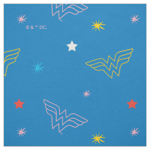 Wonder Woman Logo and Stars Blue Pattern Fabric