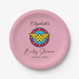 Wonder Woman Logo   New Baby Coming Soon Paper Plate
