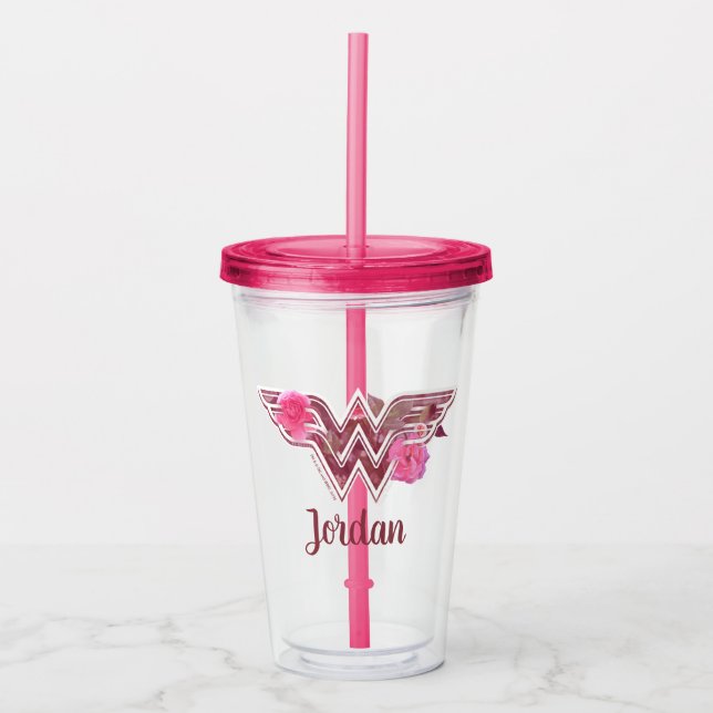 Wonder Woman Pink Camellia Flowers Logo Acrylic Tumbler (Front)