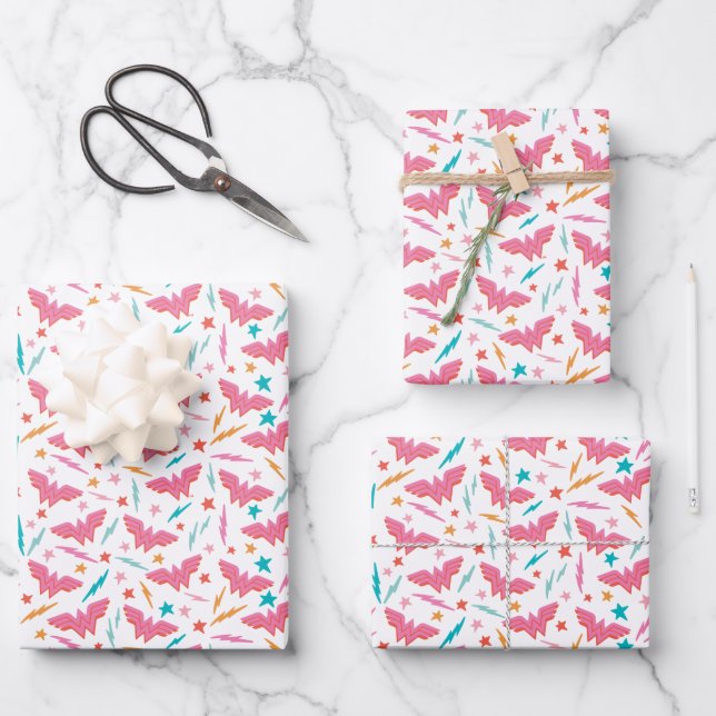 Wonder Woman Pink Logo and Lightning Pattern Wrapping Paper Sheet (Front)