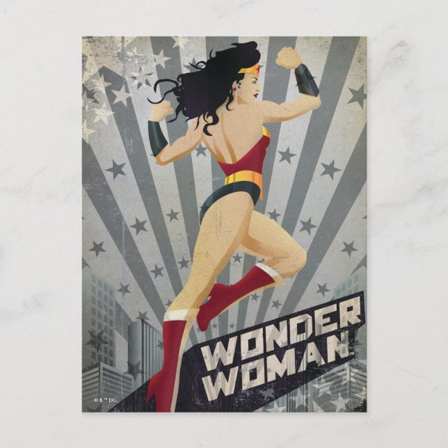 Wonder Woman Retro City Sunburst and Stars Postcard (Front)