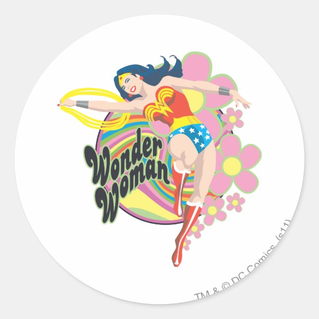 Wonder Woman Retro Flowers Classic Round Sticker (Front)