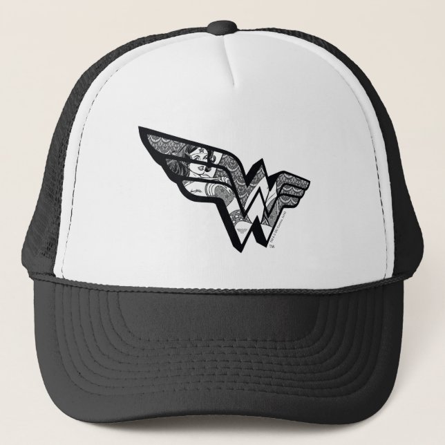 Wonder Woman Sitting In Angled Lace Logo Trucker Hat (Front)