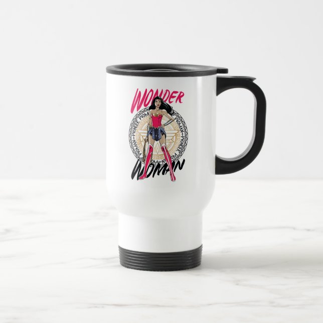 Wonder Woman With Greek Tribal Emblem Travel Mug (Right)