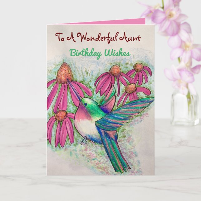 Wonderful Aunt Birthday Hummingbird Coneflowers Card (Orchid)