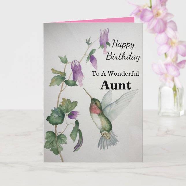Wonderful Aunt Birthday Hummingbird Garden Card (Orchid)