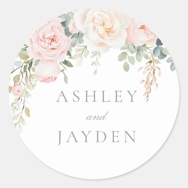 Wonderful Blush Floral Wedding Classic Round Sticker (Front)