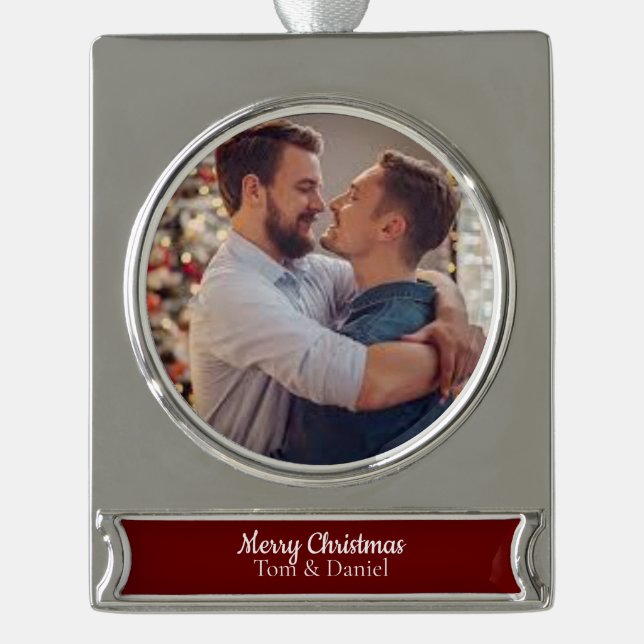 Wonderful Christmas | Gay Couple Silver Plated Banner Ornament (Front)