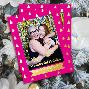 Wonderful Christmas Photo Hot Pink Foil Holiday Postcard