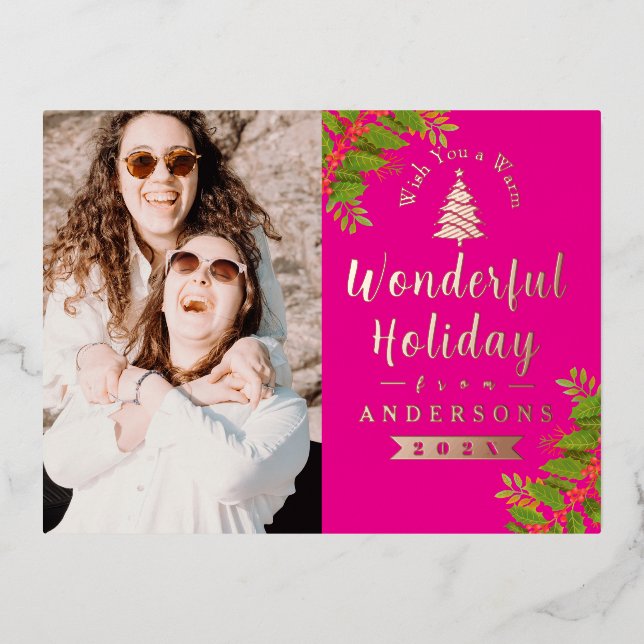 Wonderful Christmas Photo Hot Pink Foil Holiday Postcard (Front)