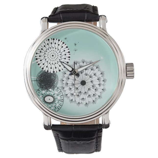 Wonderful Dandelions Blue Vintage Leather Strap Watch (Front)