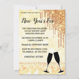 Wonderful, Elegant, Gold New Year Wine Glass Invitation